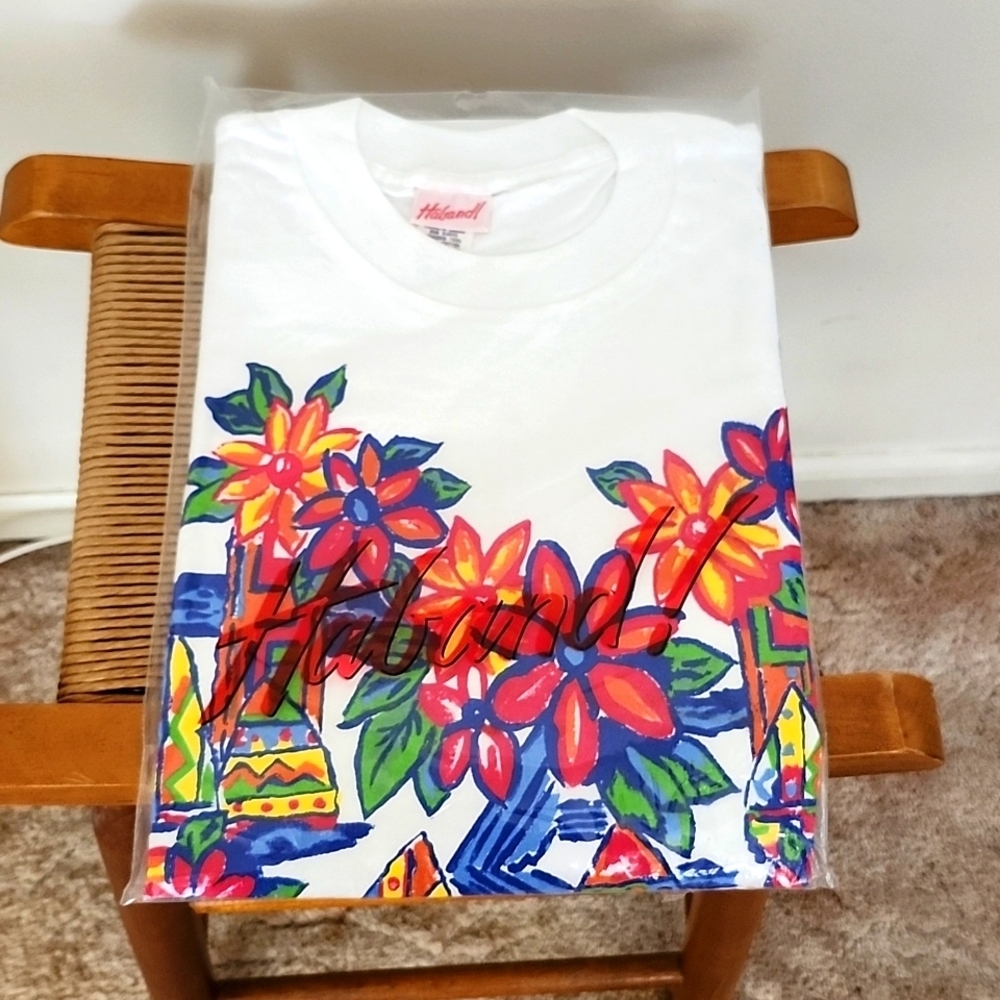 Vintage Haband Floral Boat Deadstock Tee Shirt Women's Medium Tropical Bright